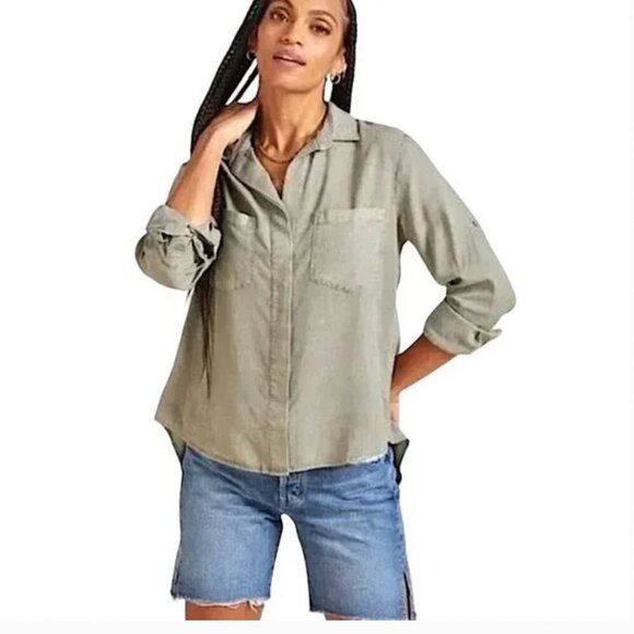 Cloth & Stone Anthropologie Green Split Back Buttondown High Low Shirt size S - Picture 3 of 15